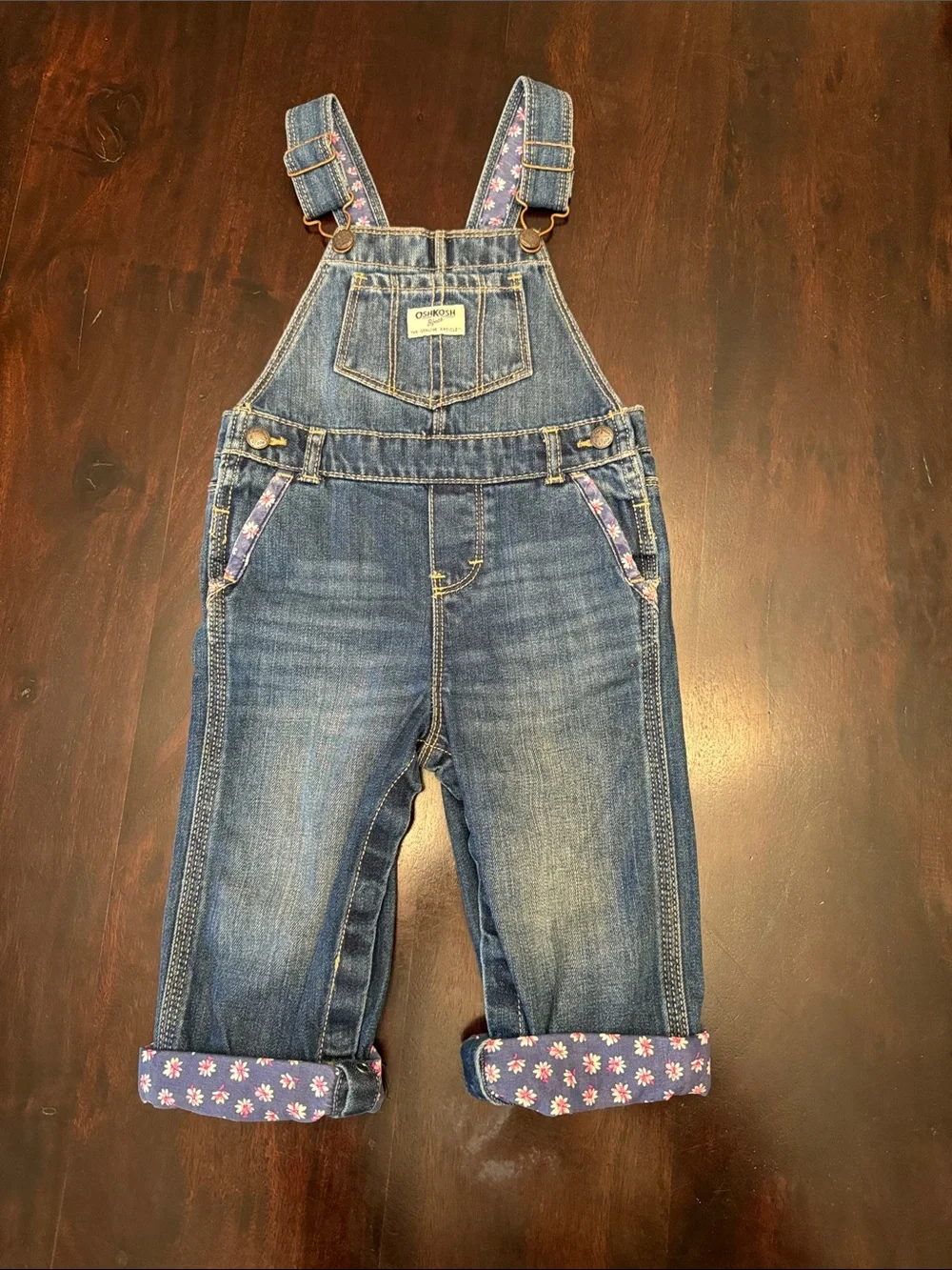 OshKosh B'gosh Vintage Toddler Girl’s Denim Overalls w/ Floral Trim size 18 mos